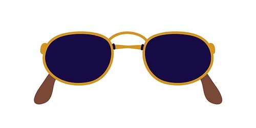 Sunglasses, beach eyeglasses of oval lenses, gold rim frame. Sun glasses, fashion eyewear in retro style. Stylish trendy summer accessory. Flat vector illustration isolated on white background.