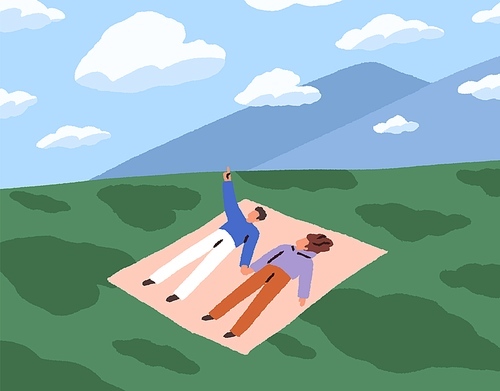 Love couple on date in nature. Romantic man and woman pointing, looking up to sky, clouds, lying on grass outdoors. Valentines dreaming. Happy dreamers relaxing on blanket. Flat vector illustration.