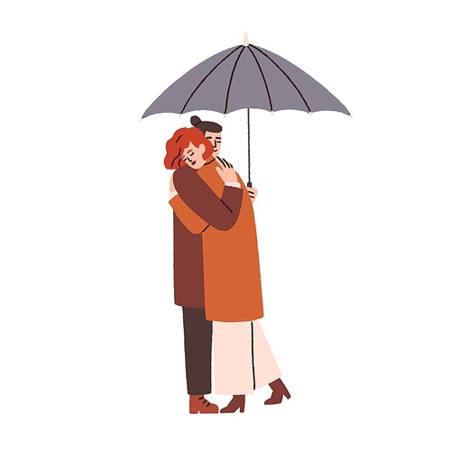 Love couple hugging under umbrella. Romantic date of young woman and man in rainy weather. Girl and guy embracing with tenderness. Flat graphic vector illustration isolated on white background.