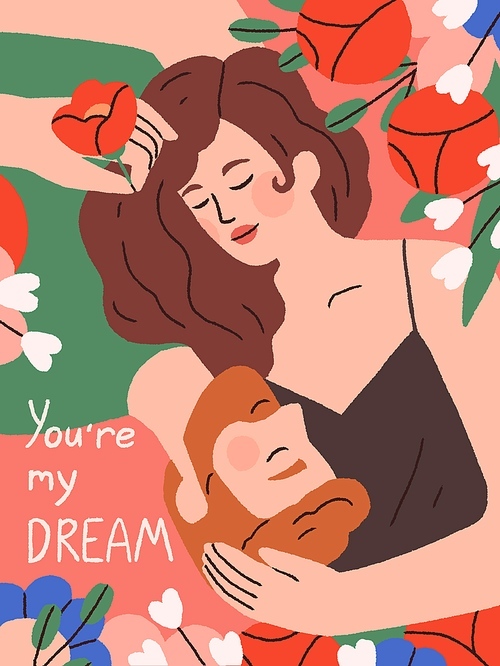 Romantic love card for Saint Valentines day. Postcard background design with lovers couple, man and woman, two enamored people and spring flowers for 14 February holiday. Flat vector illustration.