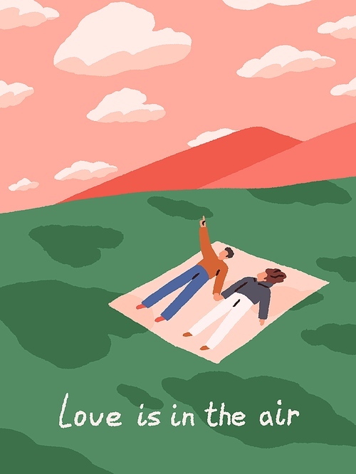 Love greeting card, Valentine's day postcard design with romantic quote and enamored couple on date in nature. Modern background for February 14 holiday with young lovers. Flat vector illustration.