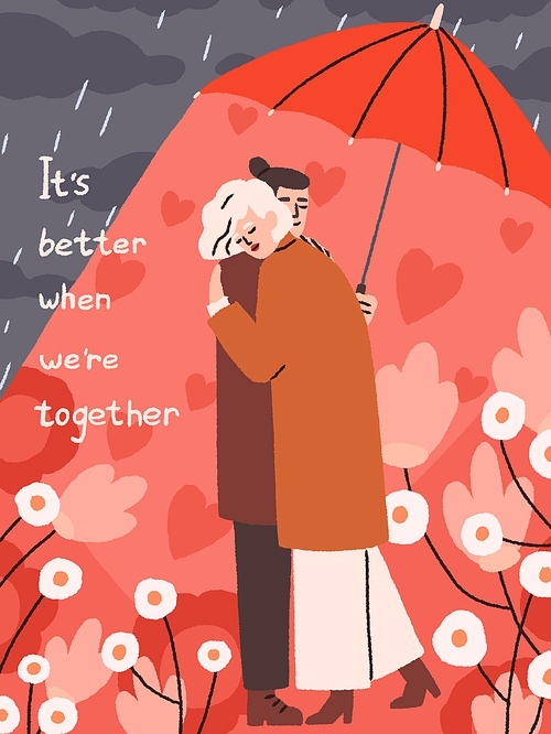 Valentine's day postcard design. Romantic card with love couple hugging under umbrella, walking together among flowers, hearts and 14 February quote, supporting phrase. Flat vector illustration.