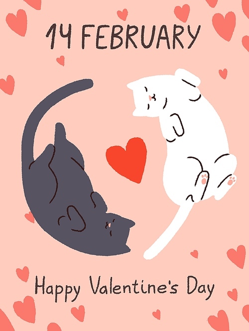 Happy Saint Valentine's day postcard design with cute cats, hearts. 14 February, love romantic holiday, Valentines greeting card with funny adorable kitties sleeping. Flat vector illustration.