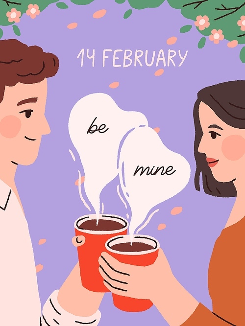 Saint Valentine's day greeting card design. Romantic postcard for 14 February holiday, happy enamored couple with coffee cups, man confessing love, fondness, Be Mine phrase. Flat vector illustration.