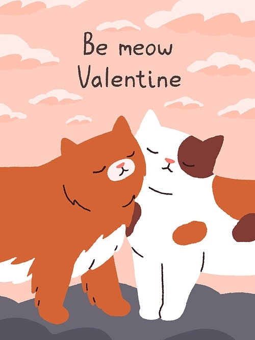 Saint Valentine's day postcard with cute cats, love couple. 14 February, romantic holiday, Meow Valentines card with adorable kitties, two funny sweet feline animals. Flat vector illustration.