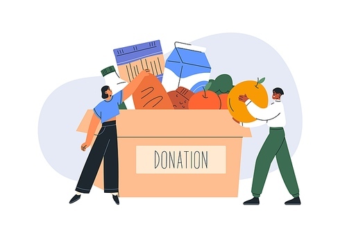 Food donation concept. Volunteers donating charity box, grocery products. Humanitarian help, charitable voluntary aid for hungry people. Flat vector illustration isolated on white background.