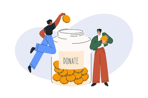 Financial donation, charity concept. Donating finance, money to voluntary nonprofit fund. Charitable help, support, contribution, philanthropy. Flat vector illustration isolated on white background.