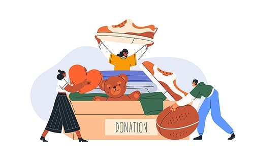 Childrens toys, clothes donation, charity concept. Volunteers collecting, donating necessities box for orphans, supporting orphanage, needy kids. Flat vector illustration isolated on white background.