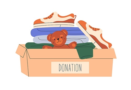 Donation box with kids toys, childrens clothes. Charity, humanitarian help, charitable voluntary aid for orphans. Donating to orphanage concept. Flat vector illustration isolated on white background.