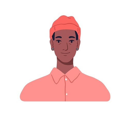 Modern young black man, face portrait. Fashion male character wearing knitted hat, earrings, ear tunnels. African guy in casual trendy apparel. Flat vector illustration isolated on white background.