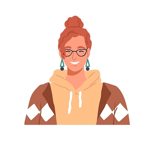 Young happy woman, face portrait. Laughing girl in glasses. Pretty funny redhead character with freckles. Joyful female in eyeglasses, hoodie. Flat vector illustration isolated on white background.