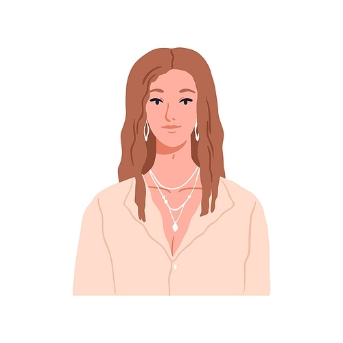 Elegant beautiful young woman, face head portrait. Pretty girl with jewelry, earrings, necklace. Attractive female character in blouse, jewellery. Flat vector illustration isolated on white background.