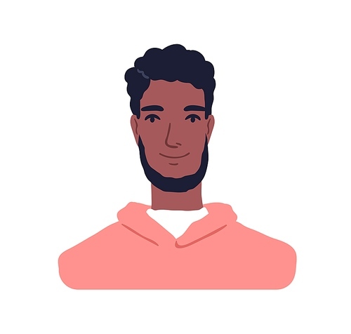 Black man, face portrait. Modern young African-American person. Bearded handsome guy, friendly kind male character smiling. Flat graphic vector illustration isolated on white background.