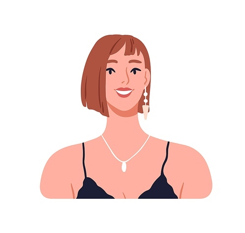 Pretty young woman, face portrait. Elegant smiling girl with earrings, necklace. Happy beautiful female character with bob cut hairstyle. Flat vector illustration isolated on white background.
