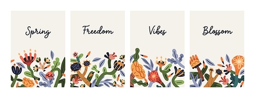Floral cards, posters set. Modern postcards, background with naive primitive flowers. Contemporary whimsical botanical artworks, interior wall arts with abstract plants. Flat vector illustrations.