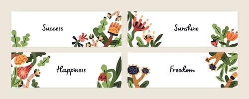 Floral banners set. Spring backgrounds designs with primitive fancy stylized plants, abstract naive garden. Horizontal whimsical botanical cards with fairytale blooms. Modern flat vector illustrations.