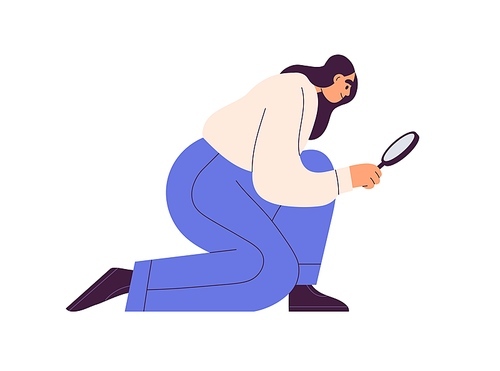 Person looking through magnifying glass, lens. Woman searching information, job, idea, opportunity. Analysis, finding answer, inspection concept. Flat vector illustration isolated on white background.