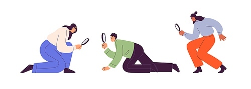 People searching, looking with magnifying glass, lens. Characters with loupes, magnifiers investigating, analyzing. Business research concept. Flat vector illustrations isolated on white background.