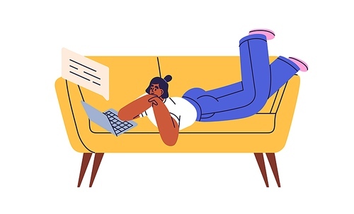 Person with laptop computer on sofa. Black woman lying on couch, chatting online, reading internet message, communication. Girl freelancer and PC. Flat vector illustration isolated on white background.