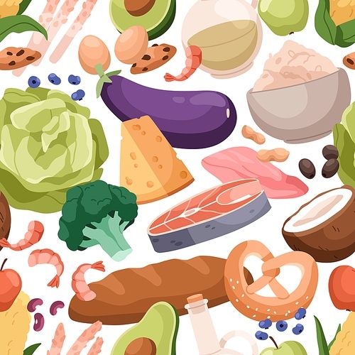 Seamless healthy food pattern. Background design with fruits, vegetables, fish, meat. Different varied eating, nutrition repeating print. Colored flat cartoon vector illustration for textile, decor.