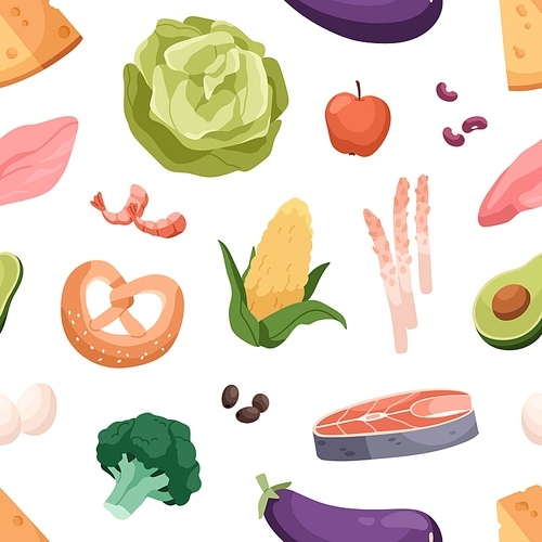 Healthy food pattern. Seamless background with groceries. Repeating print with different vegetables, fruits, meat, cheese and fish. Vitamin nutritions texture design. Flat cartoon vector illustration.