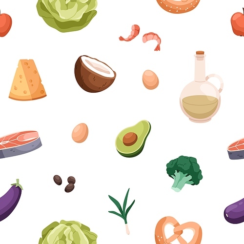 Healthy food pattern. Seamless background design with groceries, vitamin nutritions repeating print. Endless texture with oil, cheese, eggs, vegetables, avocado, olives. Flat vector illustration.