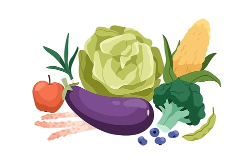 Healthy natural food. Organic vegetables, fruit composition. Vegetarian eating. Different vitamin veggies of cabbage, eggplant, broccoli and corn. Flat vector illustration isolated on white background.