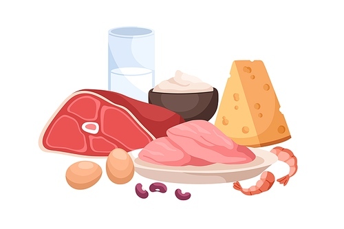Protein food products. Meat, dairy eating, seafood, cheese, milk and eggs nutritions. Healthy raw nutrients. Nutritious energy diet composition. Flat cartoon vector illustration isolated on white.