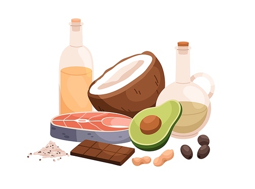 Healthy fats in food products. Omega rich nutritions. Olive oil, avocado, salmon fish, nuts, coconut composition. Different wholesome nutrients, eating. Flat vector illustration isolated on white.