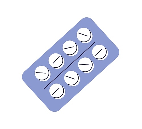 Pill blister with round tablets, medicines. Medical package with medicaments, drugs. Painkillers in pack. Pharmacy, prescription concept. Flat vector illustration isolated on white background.