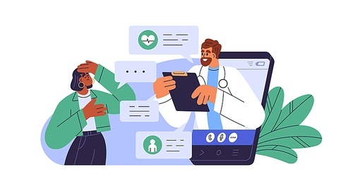 Online communication, chat of doctor and ill patient. Medical call via internet, phone app for health consultation. Telemedicine concept. Flat graphic vector illustration isolated on white background.