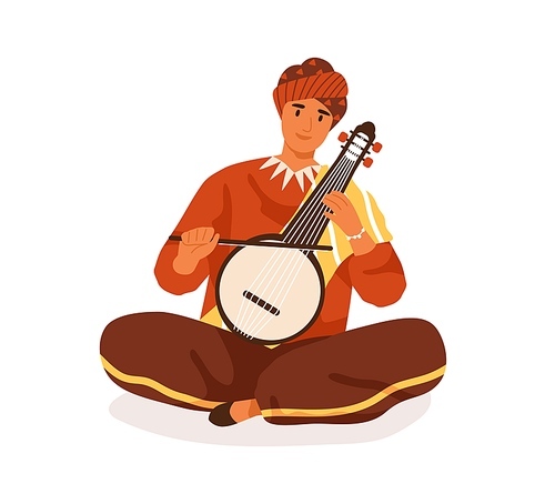 Indian street musician playing traditional string instrument, vina or veena. Happy smiling man in turban and ethnic national costume performing folk music. Flat vector illustration isolated on white.