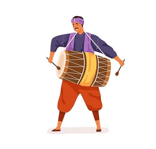 Indian musician playing big dholak drum with sticks. Happy man performing ethnic folk music on traditional instrument of India. Flat vector illustration of street artist isolated on white background.