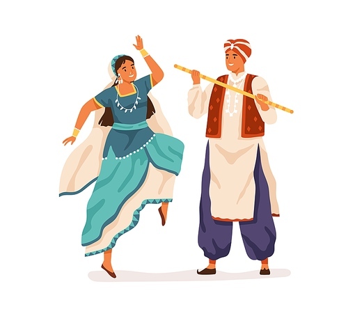 Dancers performing Indian folk dance, Dandiya Raas. Man and woman dancing in traditional costumes of India. Couple in ethnic clothes. Colored flat vector illustration isolated on white background.