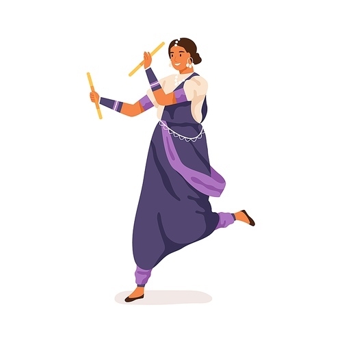 Young Indian woman performing traditional folk dance with sticks. Garba dancer dancing in ethnic clothes. Colored flat vector illustration of happy hindu lady isolated on white background.