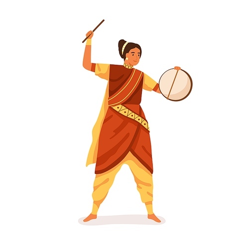 Indian musician in sari performing folk music on hand drum with stick. Woman playing ethnic percussion instrument, standing in traditional clothes of India. Flat vector illustration isolated on white.