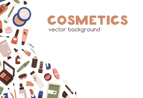 Makeup cosmetics banner. Ad background design with beauty products, sale promotion. Salon supplies, tools, accessories in jars, lipsticks, mascara, creams on promo backdrop. Flat vector illustration.