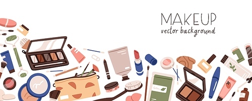 Makeup promotion banner design. Ad background with cosmetics products, sale advertisement. Beauty saloon tools, accessories, lipsticks, mascara , jars on promo backdrop. Flat vector illustration.