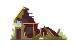 Broken house. Destroyed damaged collapsed building with ruined crumbling wooden walls, crashed windows. Demolished wood construction exterior. Flat vector illustration isolated on white background.