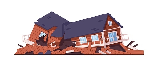 Destroyed broken house. Damaged ruined wood building, earthquake disaster consequence. Smashed cracked residential construction facade, exterior. Flat vector illustration isolated on white background.