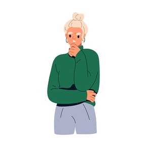 Woman thinking, doubting with sceptical pensive face expression. Thoughtful annoyed person wondering, questioning with dislike, disgust emotion. Flat vector illustration isolated on white background.