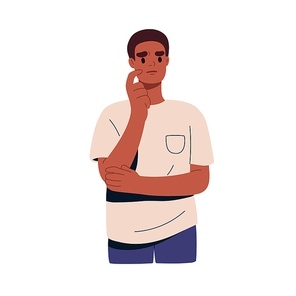 Pensive thoughtful black man in trouble doubting, thinking. Puzzled worried person pondering, wondering. Tension, anxiety face expression. Flat vector illustration isolated on white background.