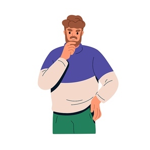 Pensive doubting man. Puzzled uncertain expression of thinking person in difficulty, trouble, problem. Thoughtful worried perplexed character. Flat vector illustration isolated on white background.