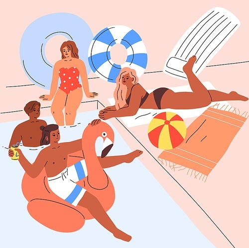 people relaxing at  pool on summer holiday. diverse happy men, women friends swimming, lying and sunbathing, floating with inflatable ring on summertime vacation. flat vector illustration.