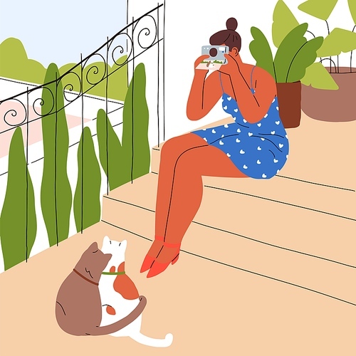 Woman with camera taking photo of cute cats couple. Girl photographer shooting kitties, making picture, photograph, shot. Pet owner and felina animals on summer holiday. Flat vector illustration.