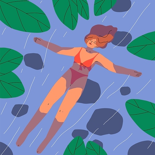 Woman swimming, floating on back in water, top view. Girl in bikini relaxing in lake in summer. Female swimmer relaxation on river surface. Unity with nature, harmony concept. Flat vector illustration.