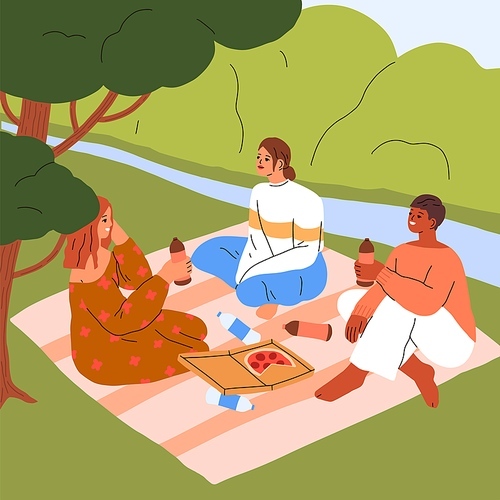 Women friends gathering for summer picnic in nature. Happy girls relaxing with food on blanket outdoors. Girlfriends talking, eating pizza on grass under tree in park. Flat vector illustration.