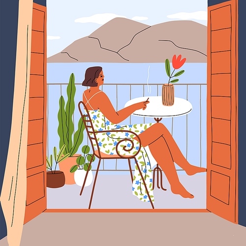 Woman relaxing at balcony with nature view. Girl contemplating landscape, scenery with sea and mountain, sitting in chair at home on summer holiday, vacation relaxation. Flat vector illustration.