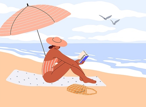 Woman relaxing with book on beach on summer holiday. Suntanned girl reading and sunbathing on towel, sand under umbrella. Person at seaside, resort on summertime vacation. Flat vector illustration.