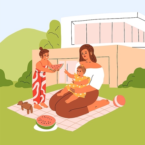 Mother and kids relaxing on backyard, sitting on picnic blanket outdoors. Mom and girls children resting together on grass lawn on summer holiday, summertime weekend. Flat vector illustration.